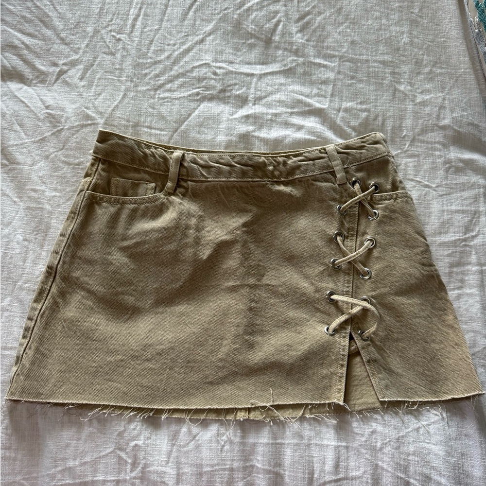 Zara Tan A-Line Mini Skirt with Tie Front